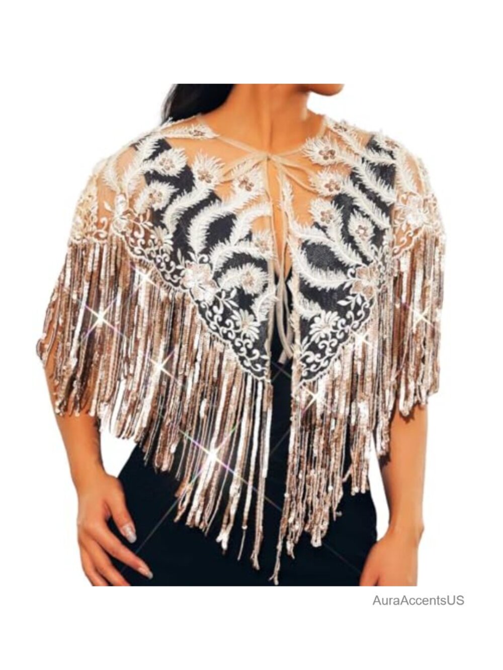 Sequin Fringe Shawl Wrap 1920s Floral Lace Evening Wedding Cape Chiffon